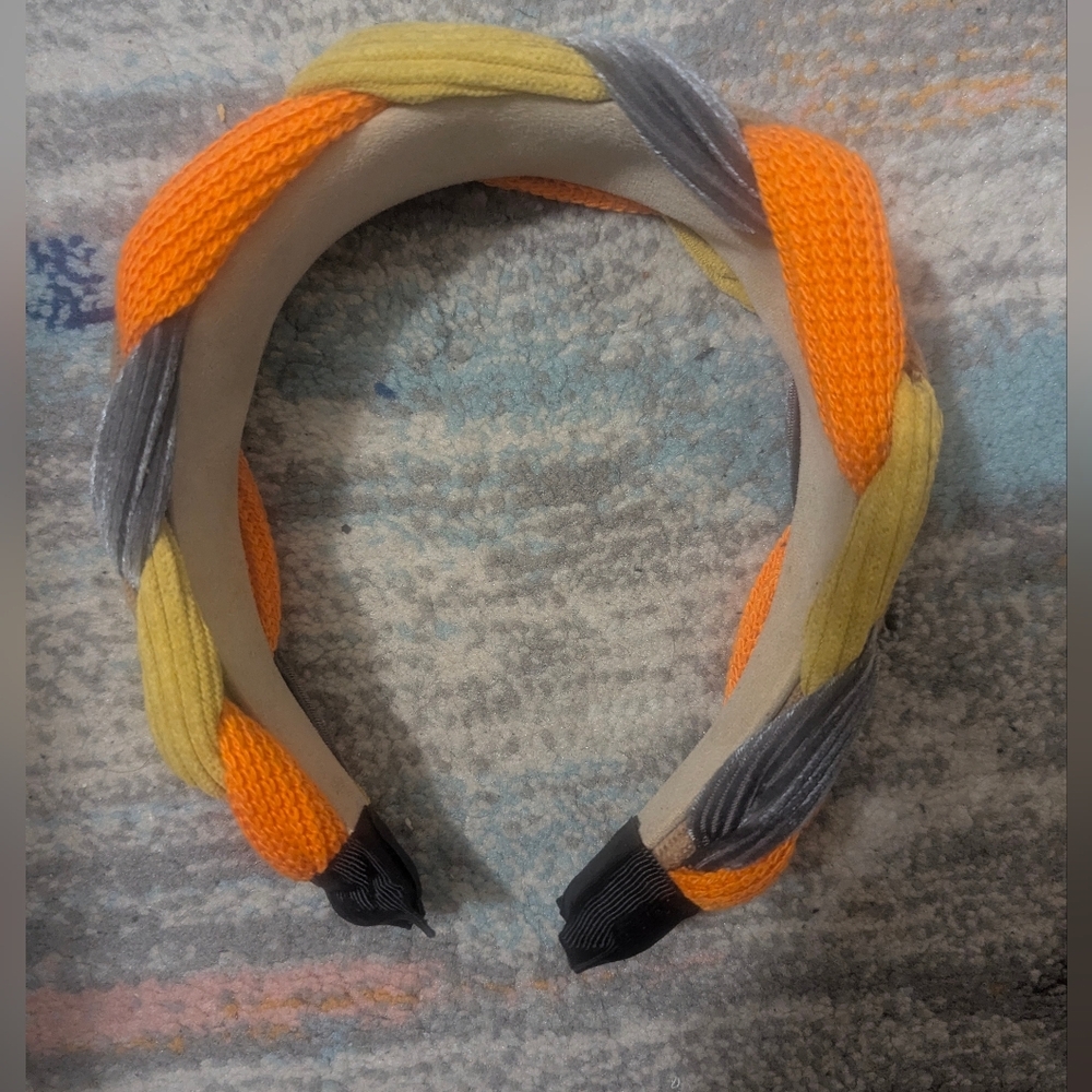 Braided Knit Headband in Orange, Gray, and Yellow